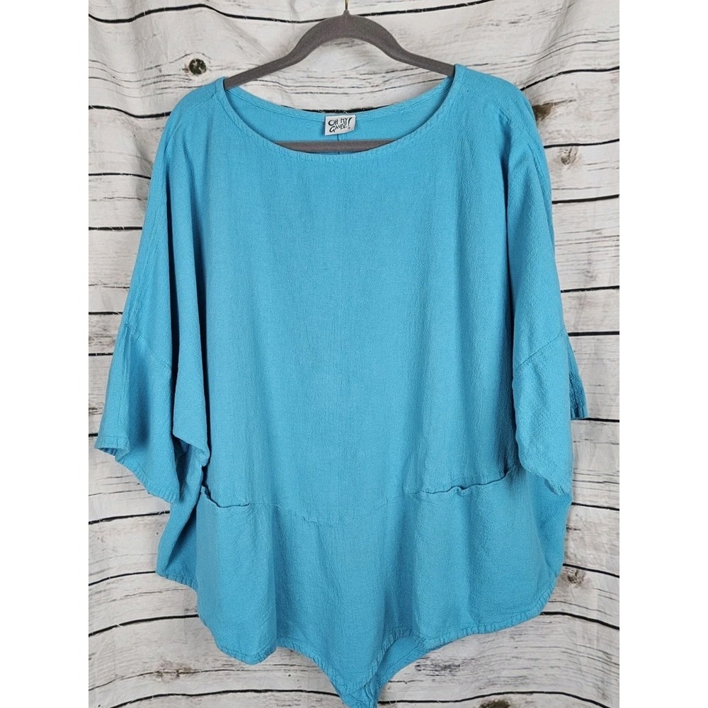 Oh My Gauze Blue Tunic Top 3 100% Cotton Crinkle Oversized Boxy Asymmetrical